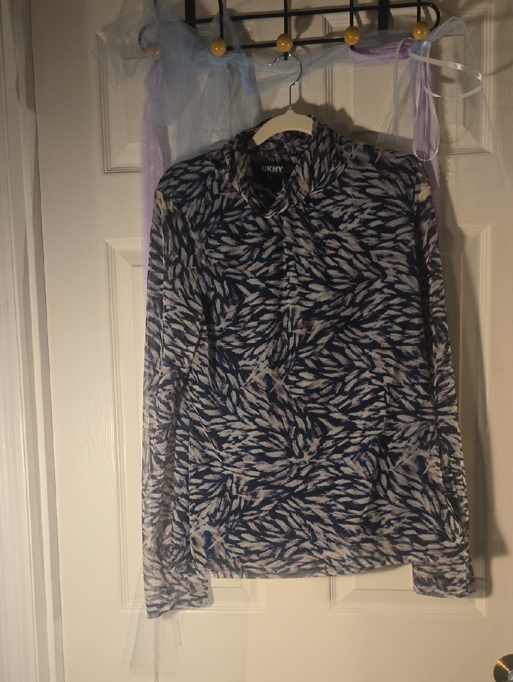 DKNY Navy and White Abstract-Print Long Sleeve Top